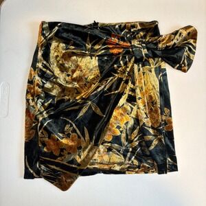 Zara Basic Gold Floral Velvet Mini Skirt Black Wrap Front Side Knot Small